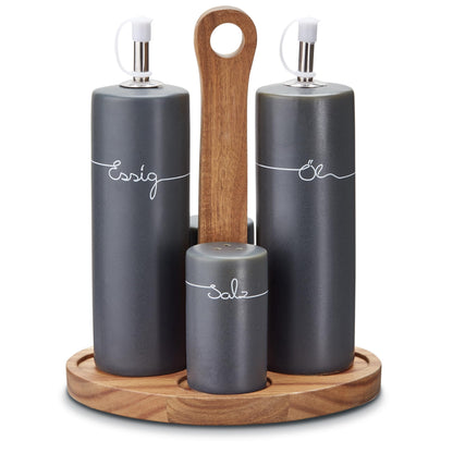KHG Menage Set, ceramic stoneware polished, anthracite grey with wooden holder for oil, vinegar, salt & pepper for the table with labeling | 5-piece oil & spice storage with protective lid.
