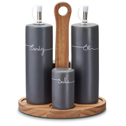 KHG Menage Set, ceramic stoneware polished, anthracite grey with wooden holder for oil, vinegar, salt & pepper for the table with labeling | 5-piece oil & spice storage with protective lid.