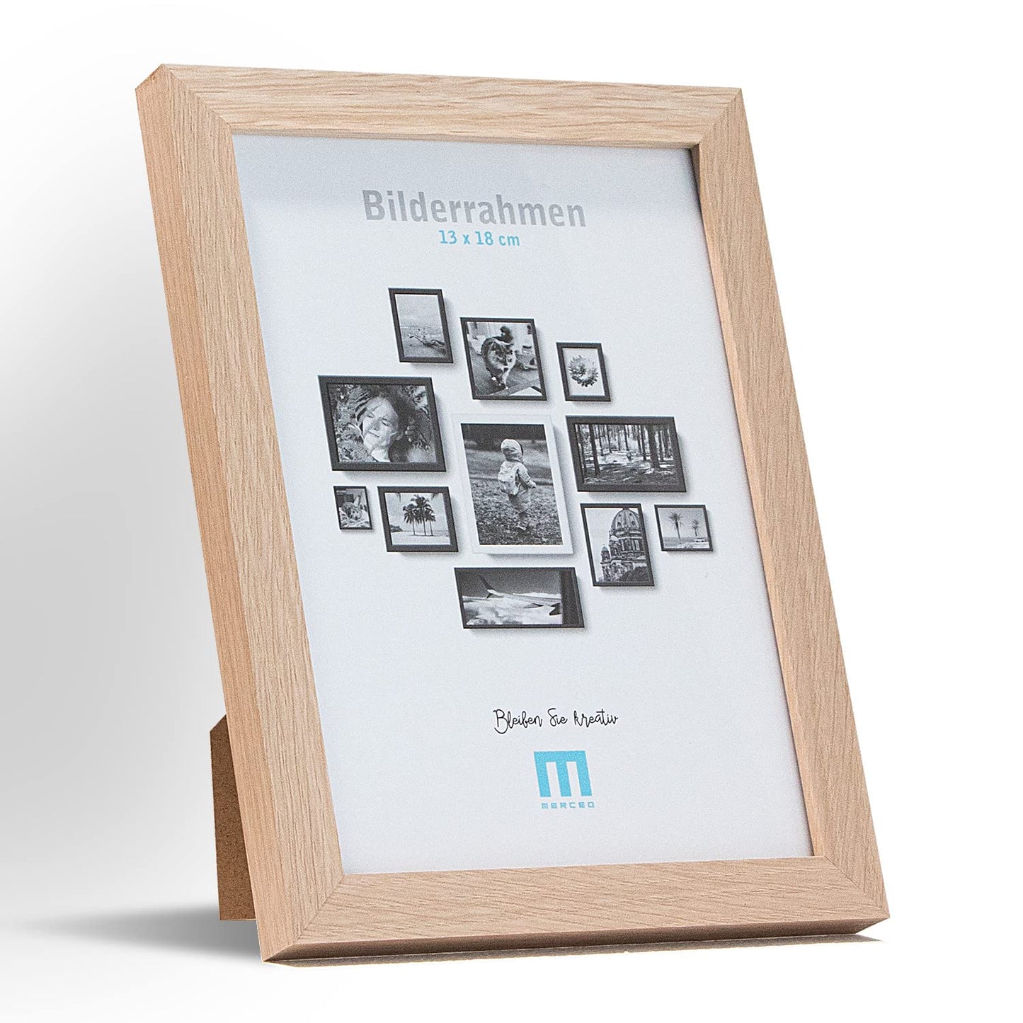 14-piece photo frame set in natural wood look in various sizes. Perfect for creating photo walls with a mix of portrait and landscape frames. Suitable for photos ranging from 10x15 to 30x40cm.