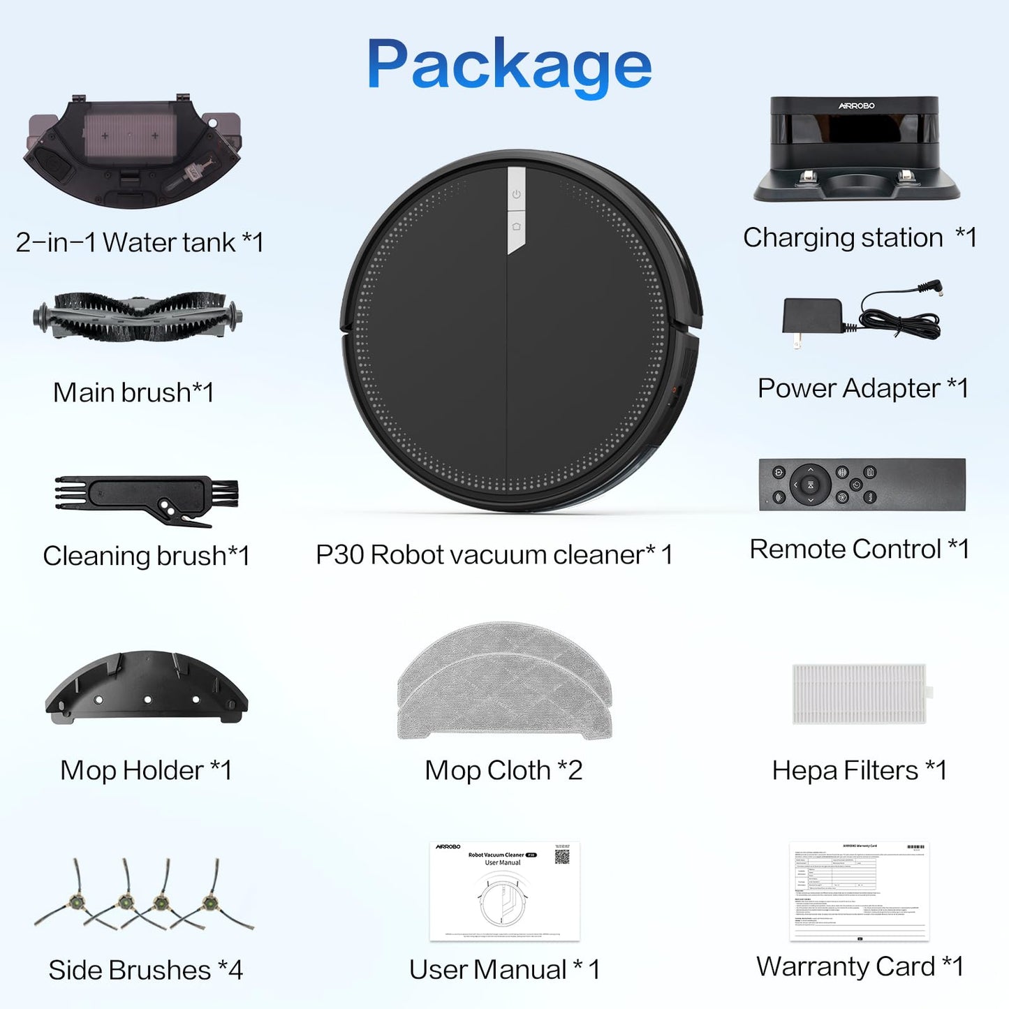 AIRROBO robotic vacuum cleaner with mopping function, P30 vacuum robot, 3000Pa suction power, 3 in 1 robot vacuum for pet hair, carpet, hard floors, mop robot with remote control, 120min runtime