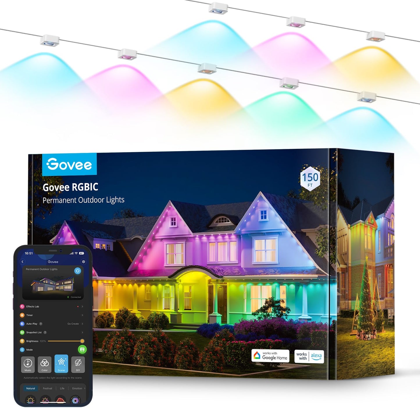 Govee Permanent RGBIC Outdoor Lighting with 72 Scene Modes, 45m with 108 LED Soffit Lights, IP67 Waterproof, for Party, Game Day, Daily Lighting, Works with Alexa, Google Assistant.