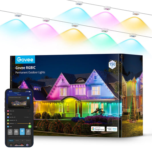 Govee Permanent RGBIC Outdoor Lighting with 72 Scene Modes, 45m with 108 LED Soffit Lights, IP67 Waterproof, for Party, Game Day, Daily Lighting, Works with Alexa, Google Assistant.