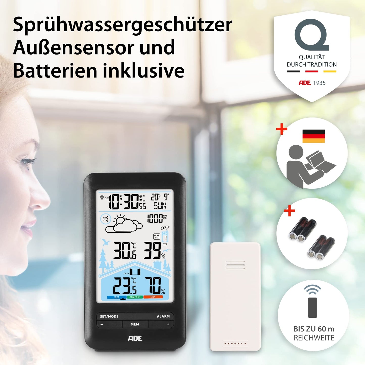 ADE weather station with radio control, outdoor sensor, and radio alarm clock. Includes ventilation recommendation, hygrometer, thermometer, 2 alarms, animated weather forecast, snooze function, and LCD color display.