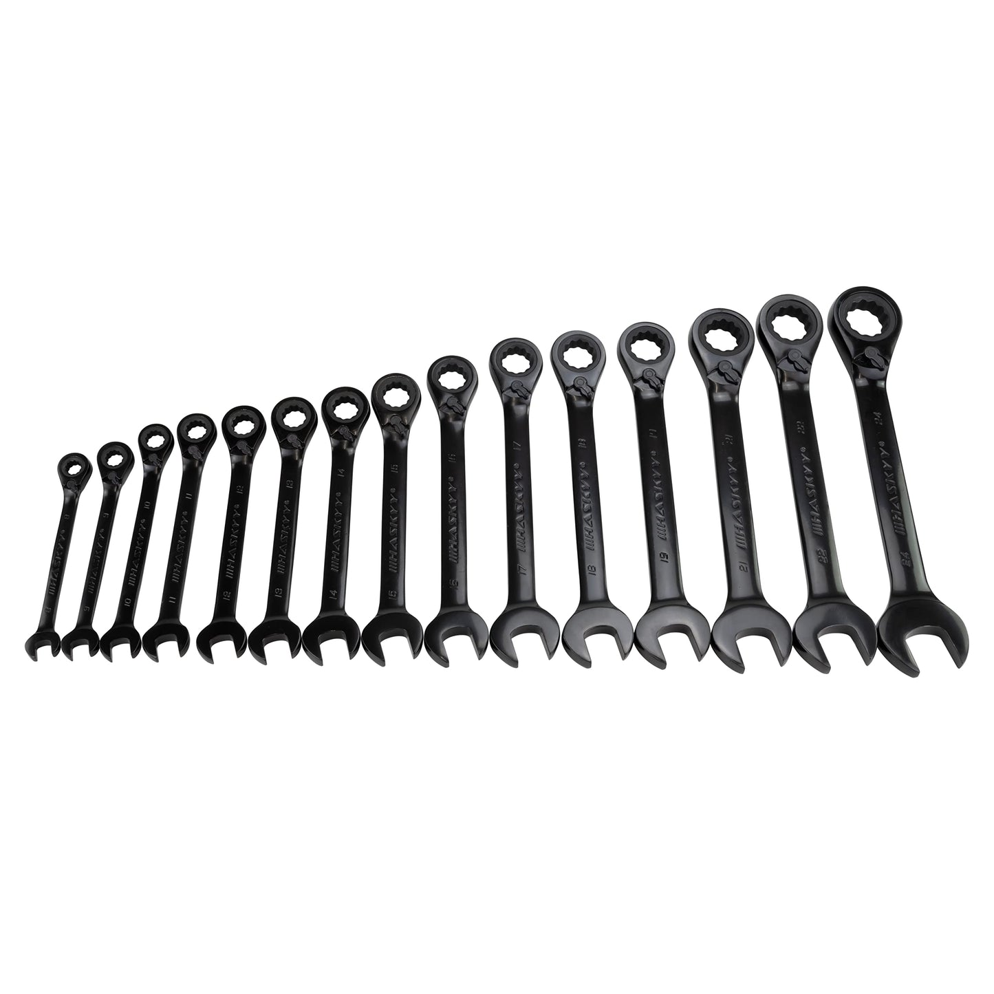HASKYY 15-piece ring ratchet wrench set I Set 8-24 mm I BLACK I Ring combination wrench with ratchet set