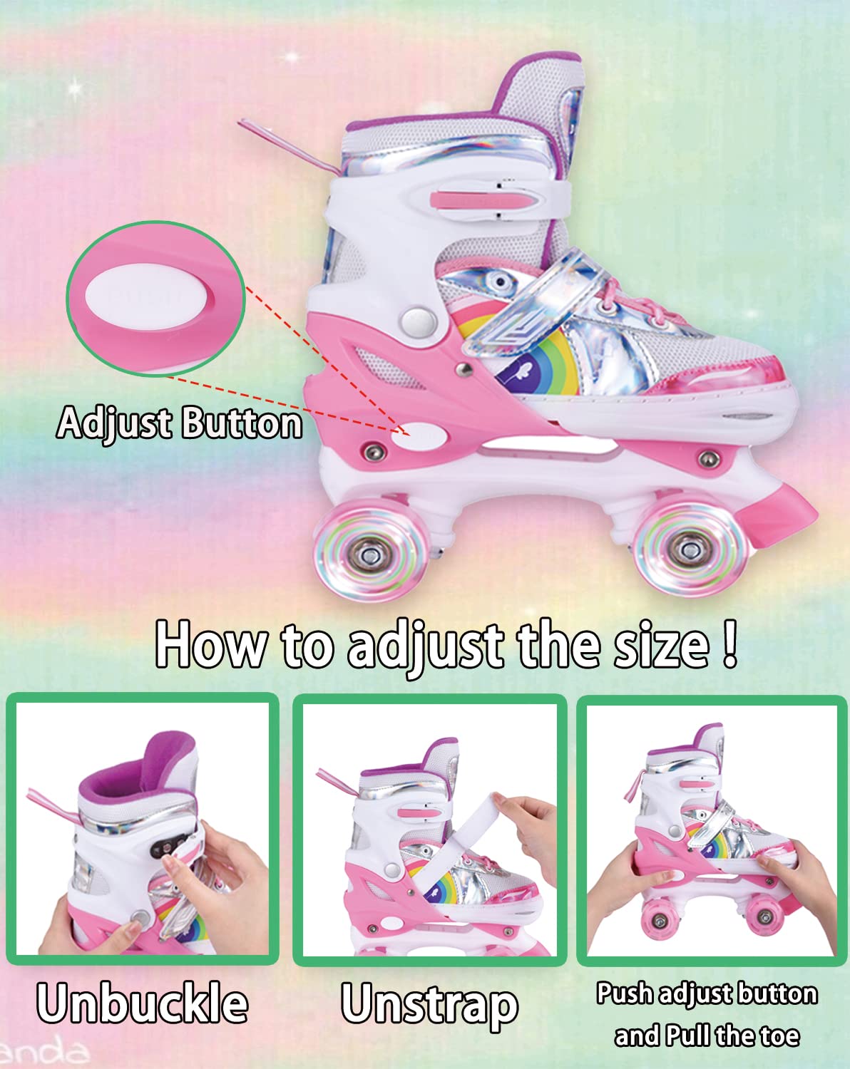 YUDOXN Adjustable Roller Skates for Girls. Comfortable LED rollerskates for teens and beginners. 3 sizes, adjustable from 31 to 42. Adjustable roller skates for kids (S, Pink-B).