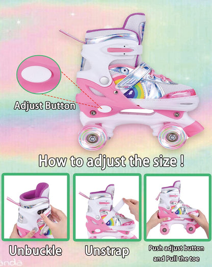 YUDOXN Adjustable Roller Skates for Girls. Comfortable LED rollerskates for teens and beginners. 3 sizes, adjustable from 31 to 42. Adjustable roller skates for kids (S, Pink-B).