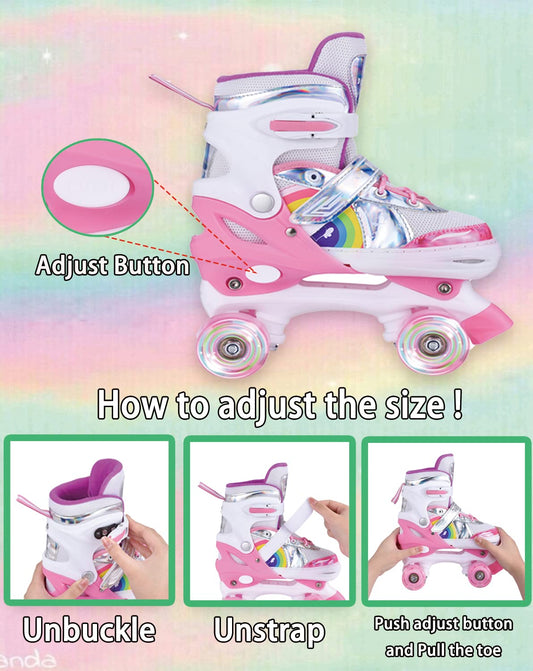 YUDOXN Adjustable Roller Skates for Girls. Comfortable LED rollerskates for teens and beginners. 3 sizes, adjustable from 31 to 42. Adjustable roller skates for kids (S, Pink-B).