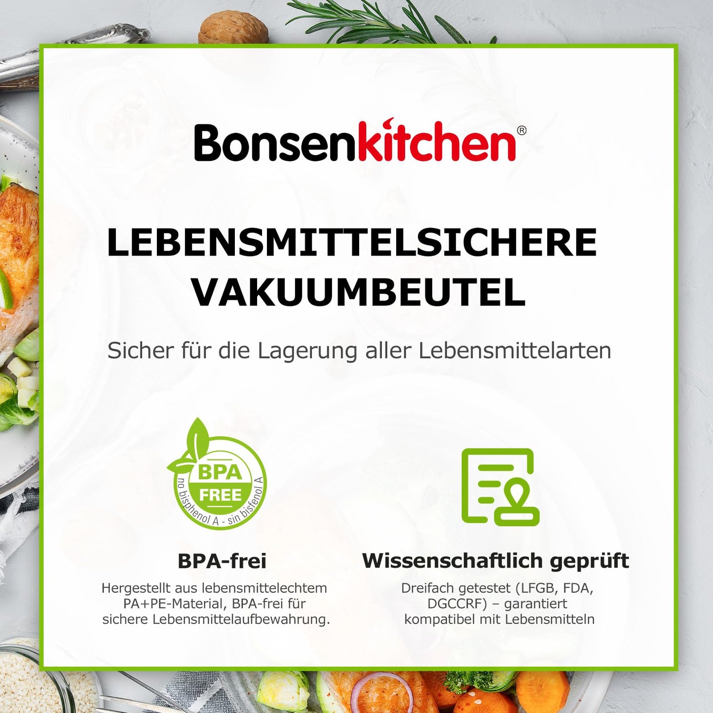 Bonsenkitchen Vacuum Sealer Bags 150 Bags - 15x25 cm (50)+20x30 cm (50)+ 28x40 cm (50), professional grade bags for all vacuum sealers, food vacuum bags, BPA-free, VB3215