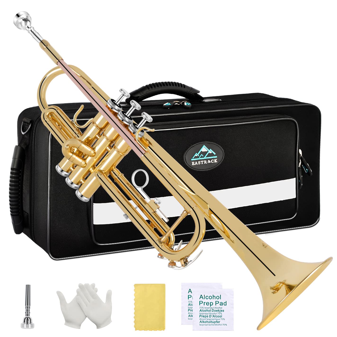 EASTROCK Bb Trumpet, standard trumpet set with carrying bag, gloves, 7C mouthpiece, tuning slide, trumpet for beginners and students (GOLD/Phosphor Copper)