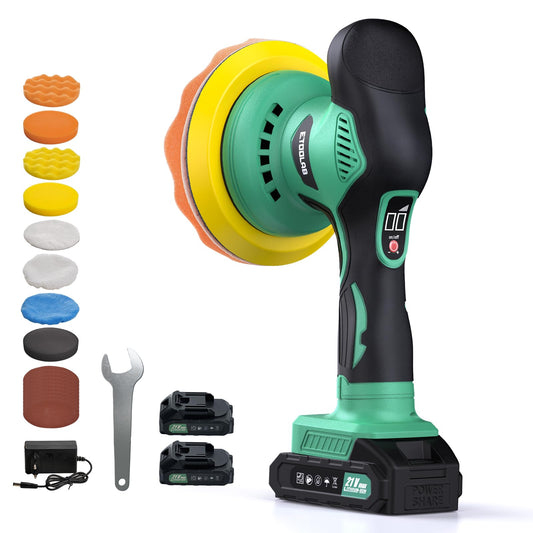 ETOOLAB Car Polisher Battery, Car Polisher Set 22 pcs, Eccentric polishers with 2 * 2.0Ah 21V Battery, 8 variable speeds, for car detailing, Headlight Restoration Set