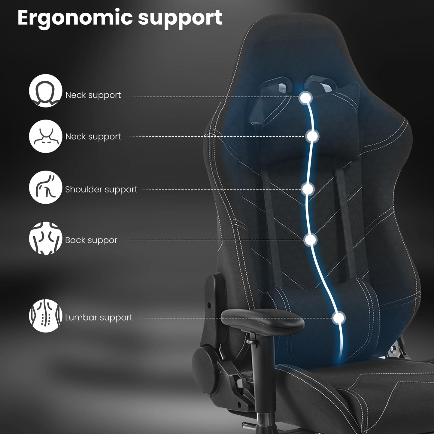 WOLTU Gaming chair fabric for summer, breathable office chair gaming chair ergonomic with lumbar pillow, gamer chair racing PC chair with rocking function & footrest live streaming swivel chair black