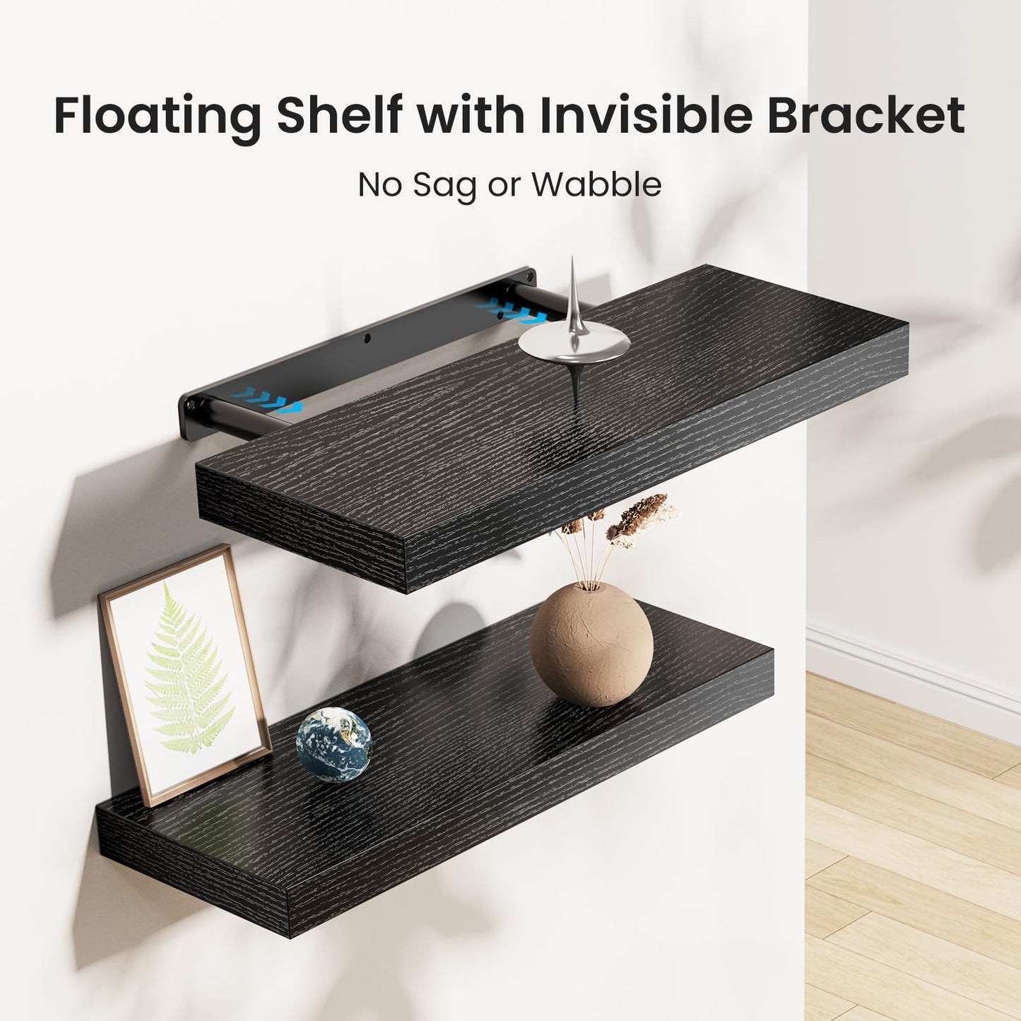 STOREMIC wall shelf black, set of 3 wall shelves, black wall shelf can hold up to 10 Kg, modern decorative display shelves for more space L40 x W14 cm for bathroom, office, living room