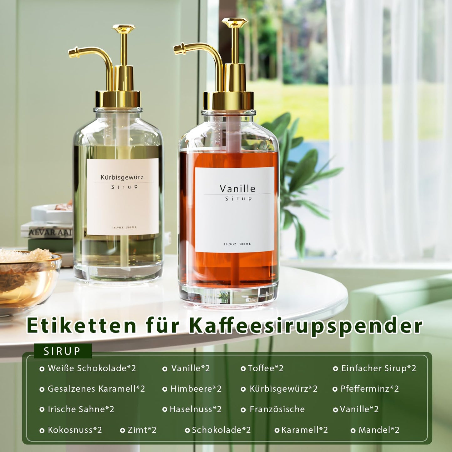 Coffee syrup dispenser for coffee bar accessories, coffee syrup pump dispenser, glass syrup bottle with gold pumps and 42 labels, 16.9 oz 500 ml