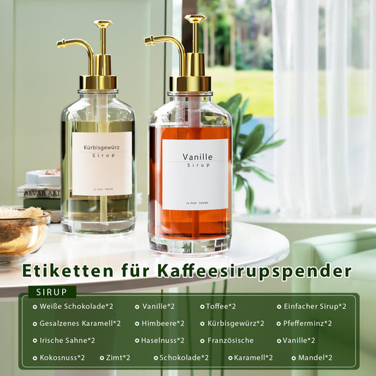 Coffee syrup dispenser for coffee bar accessories, coffee syrup pump dispenser, glass syrup bottle with gold pumps and 42 labels, 16.9 oz 500 ml