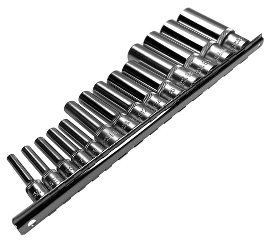 Alkan socket inserts (long/deep) E-profile sockets from E4 to E24 for external Torx screws 1/4", 3/8" and 1/2" drive on socket rail - CV steel socket, 14 pcs.