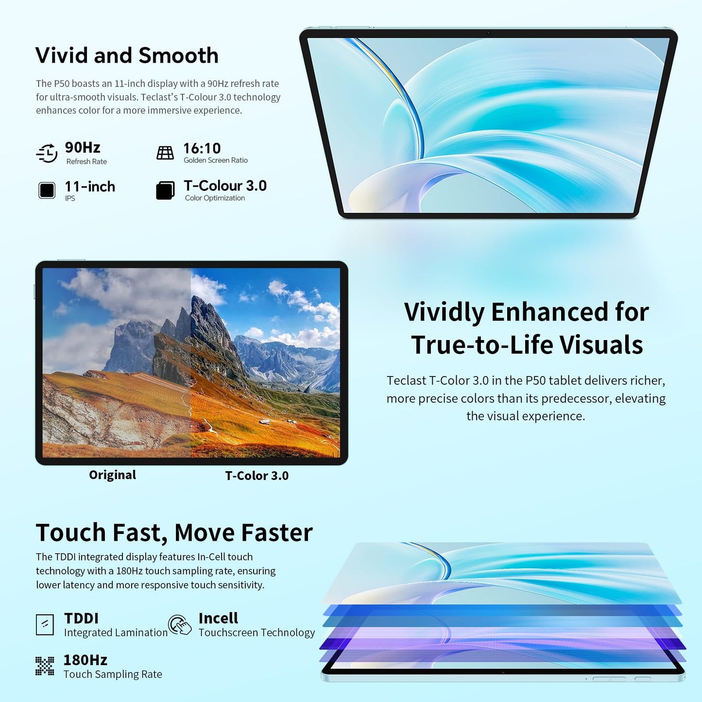 TECLAST P50 90Hz 11-inch Android Tablet, 20GB RAM+128GB ROM (expandable up to 5TB), 4G LTE Dual SIM+5G WiFi, 2GHz Octa-Core CPU, Widevine L1/7000mAh/GPS/8MP/GMS/3.5MM Jack, Tablet with Stylus + Case [2025]