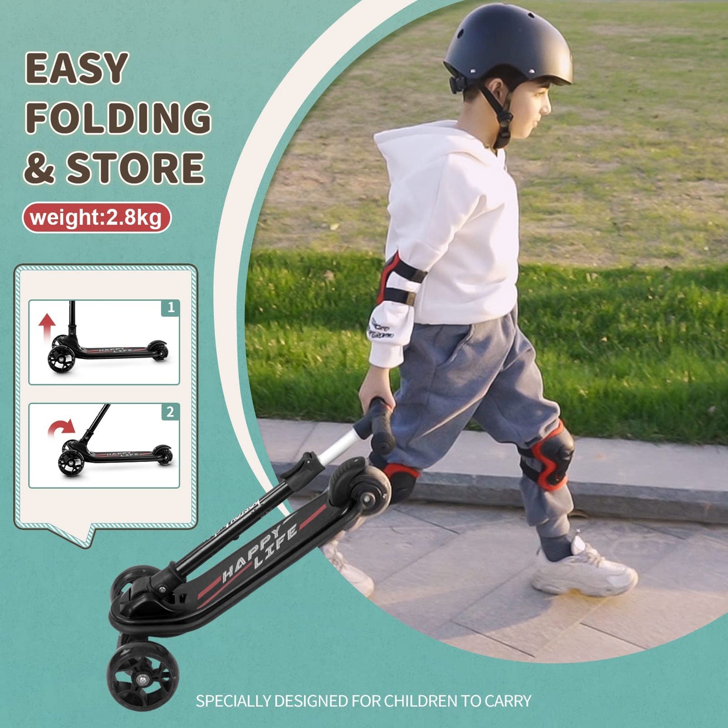 Besrey Kids Scooter, the safe tricycle scooter with PU LED light-up wheels, foldable adjustable height, lightweight with weight capacity up to 50 kg, suitable for toddler boys and girls.