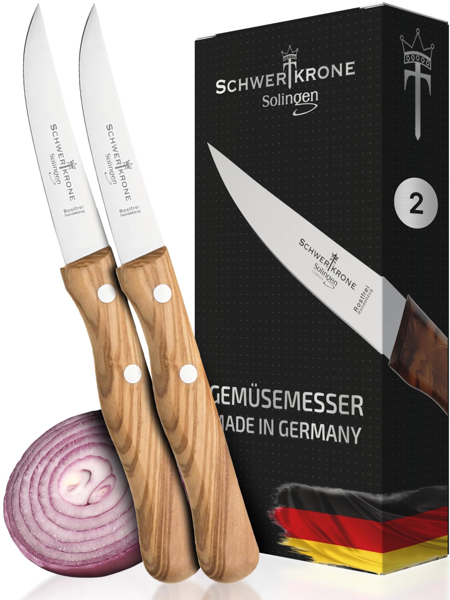 Sword Crown Kitchen Knife Set Solingen - Fruit & Vegetable Knife, 2 pieces, stainless steel, rustproof, olive wood, 3" blade.