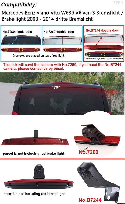 Car third roof original brake light rear view camera, replacement for Mercedes Benz Viano Vito W639 V6 van 3rd brake light/brake light 2003-2014 (with 4.3-inch monitor)