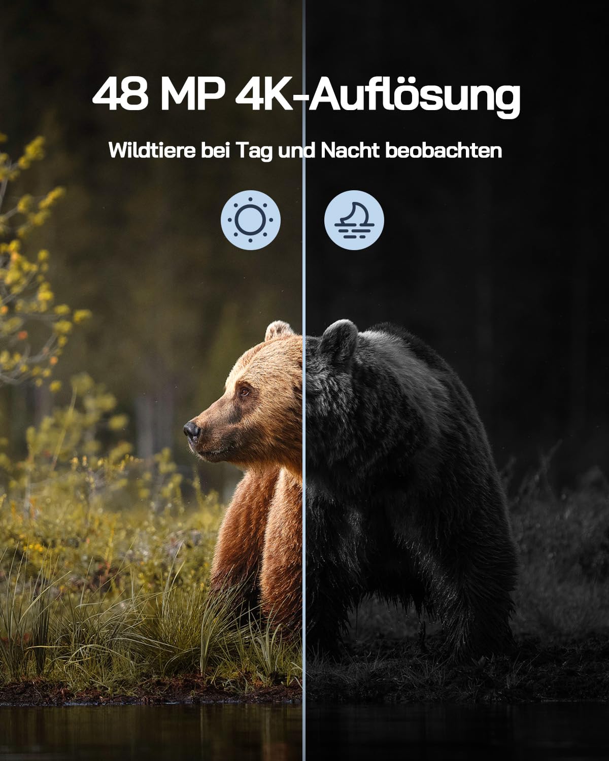 WOLFANG trail camera, 4K solar video wildlife camera with 32G memory card, 48MP full HD resolution hunting camera, night vision, motion sensor, 0.1s trigger time, IP66 waterproof for wildlife monitoring.