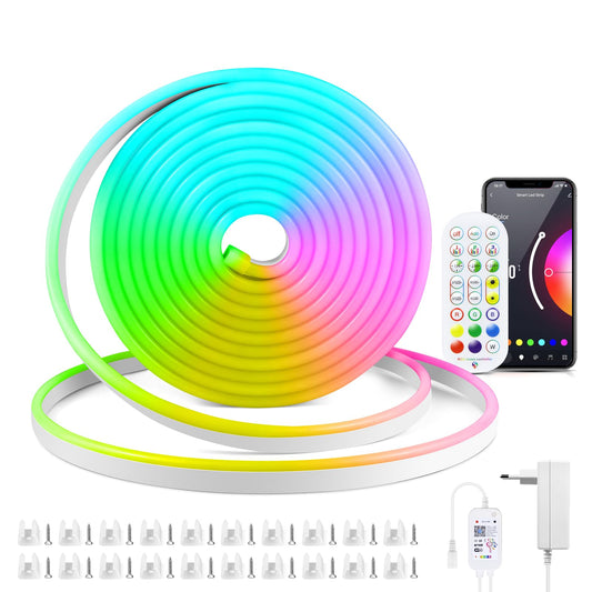 AIMENGTE WiFi Neon Led Strip, 5M 12V IP65 Waterproof Silicone LED Strip, with Alexa, Remote Control, App Control, Music Sync Function, Voice Control, Timer for DIY, TV