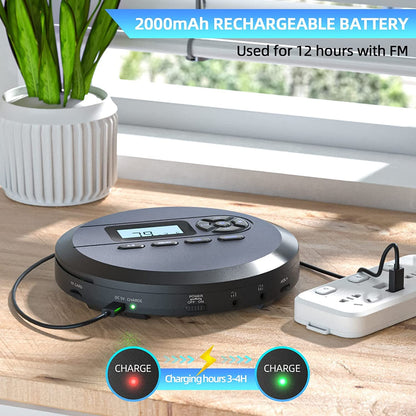 Portable CD player, DESOBRY CD Player Portable with speakers and FM transmitter, Discman for car, 2000mAh battery, headphones, AUX cable.