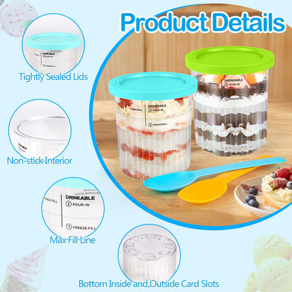 Apritsce Creami Deluxe containers for Ninja ice cream maker, 4 pieces of ice cream containers for Ninja NC500EU, Creami Creami Deluxe accessories with lids and spoons, dishwasher safe for Ninja ice cream containers.