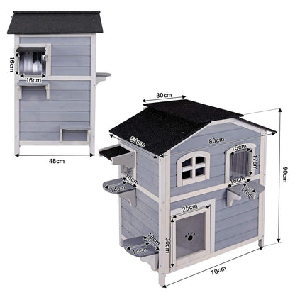 Lionto cat villa made of fir wood with bitumen roof for indoor and outdoor use, two-story cat house with steps, 80x55x90 cm, slatted curtain and windows, suitable for large cats, gray/white.
