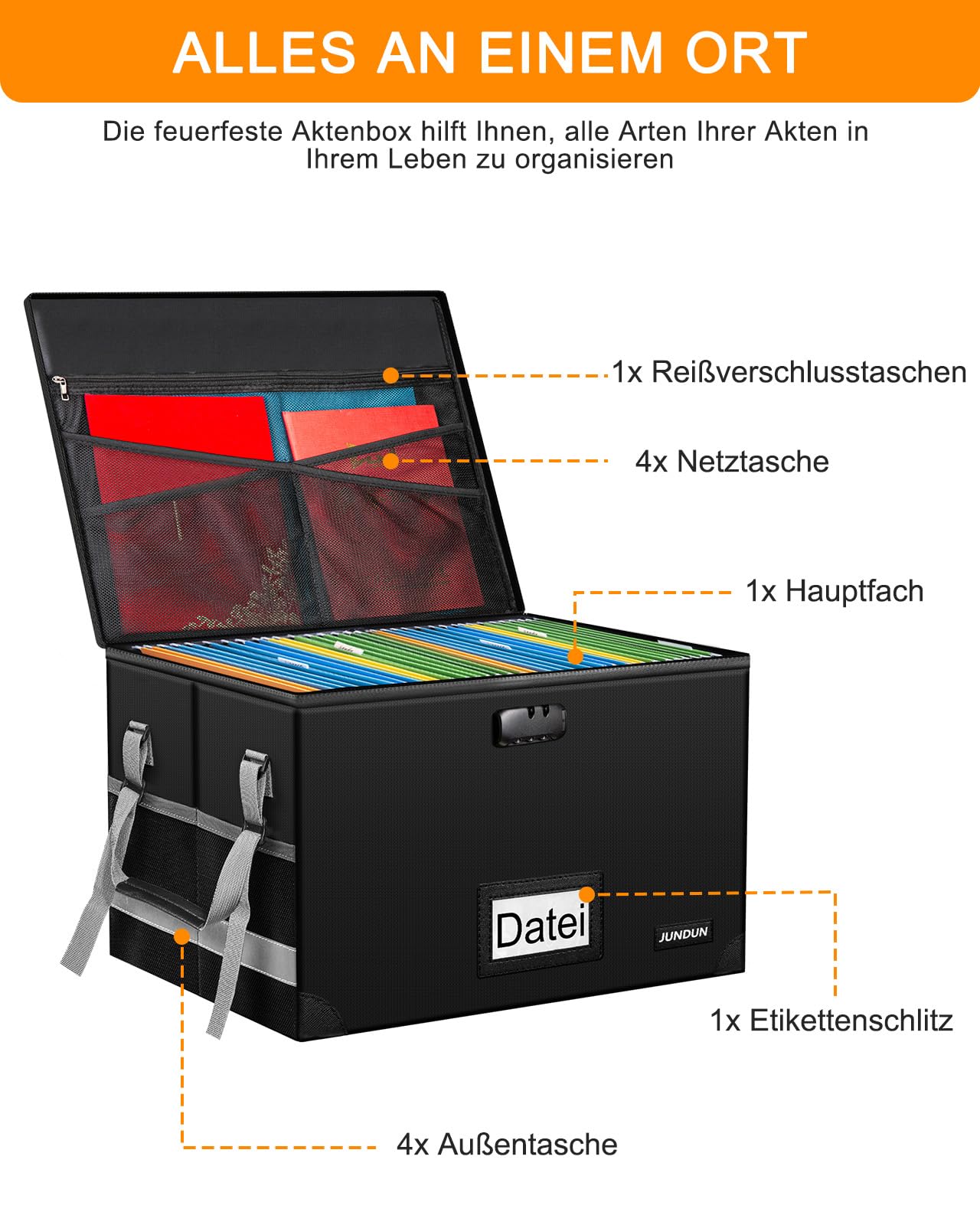 JUNDUN File Organizer Box with Lock, Foldable Fireproof Document Box with Water-Resistant Zipper and Lid, Portable Decorative Hanging File Box for Home/Office.