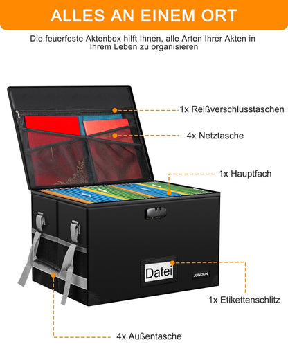 JUNDUN File Organizer Box with Lock, Foldable Fireproof Document Box with Water-Resistant Zipper and Lid, Portable Decorative Hanging File Box for Home/Office.
