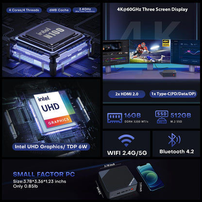 BOSGAME B100 Mini PC, Intel 12th Alder Lake-N100 (up to 3.4GHz) desktop computer, 16GB DDR4 RAM 512GB SSD, mini computer supports 4K triple display/USB3.2/WiFi 5/BT4.2/2500Mbps Ethernet.