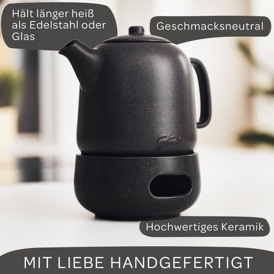 STONE AGE design teapot with warmer (1.3L) - with stainless 304 steel infuser - ceramic with unique glaze with removable infuser, black
