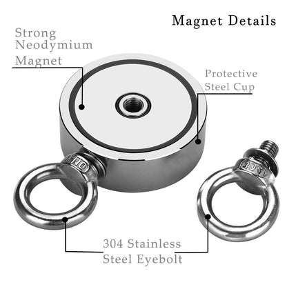 480kg double-sided neodymium eyebolt magnet, N52 super strong magnet for magnet fishing - Ø75mm search magnet with 20m rope, gloves and search anchor, with 2 eyebolts neodymium pot magnet