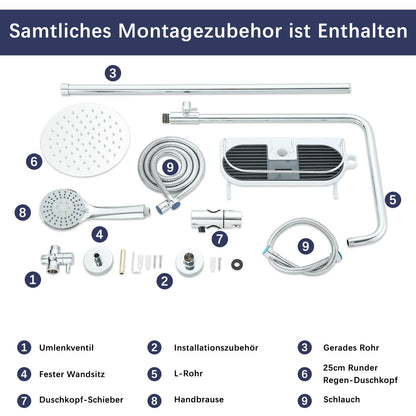 Hevenaov shower system without faucet in chrome, rain shower head without faucet, stainless steel shower set without faucet, 20 cm round rain shower.