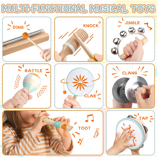 Baby music instruments - Montessori music toys for toddlers, wooden percussion instrument set, music toys in neutral colors for children aged 3 and up, birthday gifts for preschoolers.