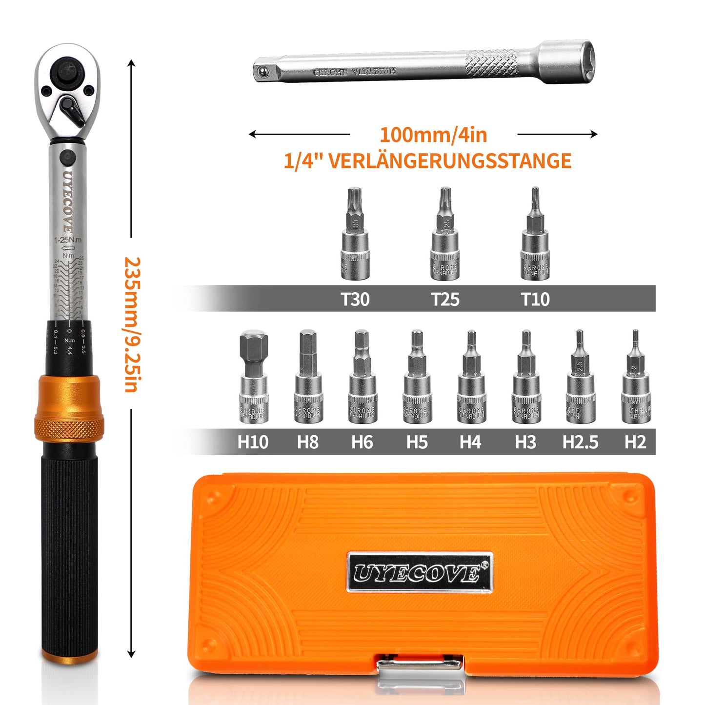 UYECOVE torque wrench 1/4 inch, bicycle torque wrench 1-25Nm 13-piece set. Torque wrench for bikes with 10cm extension bar, allen key, Torx bit socket.