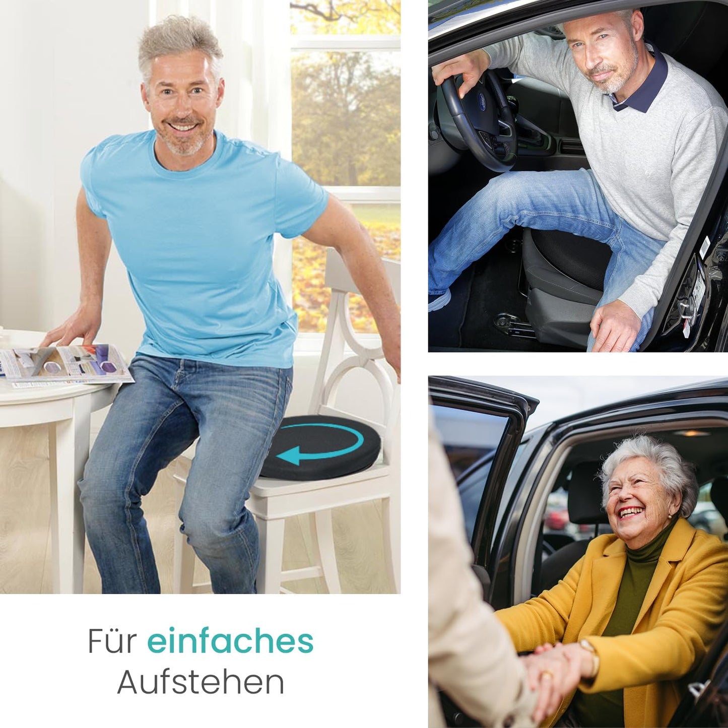 ELONEO swivel cushion with gel for car seat, rotating seat for seniors, helpful for entering/exiting, non-slip, supports up to 150 kg. For car, sofa, armchair, chair (Ø 40, 1 piece).