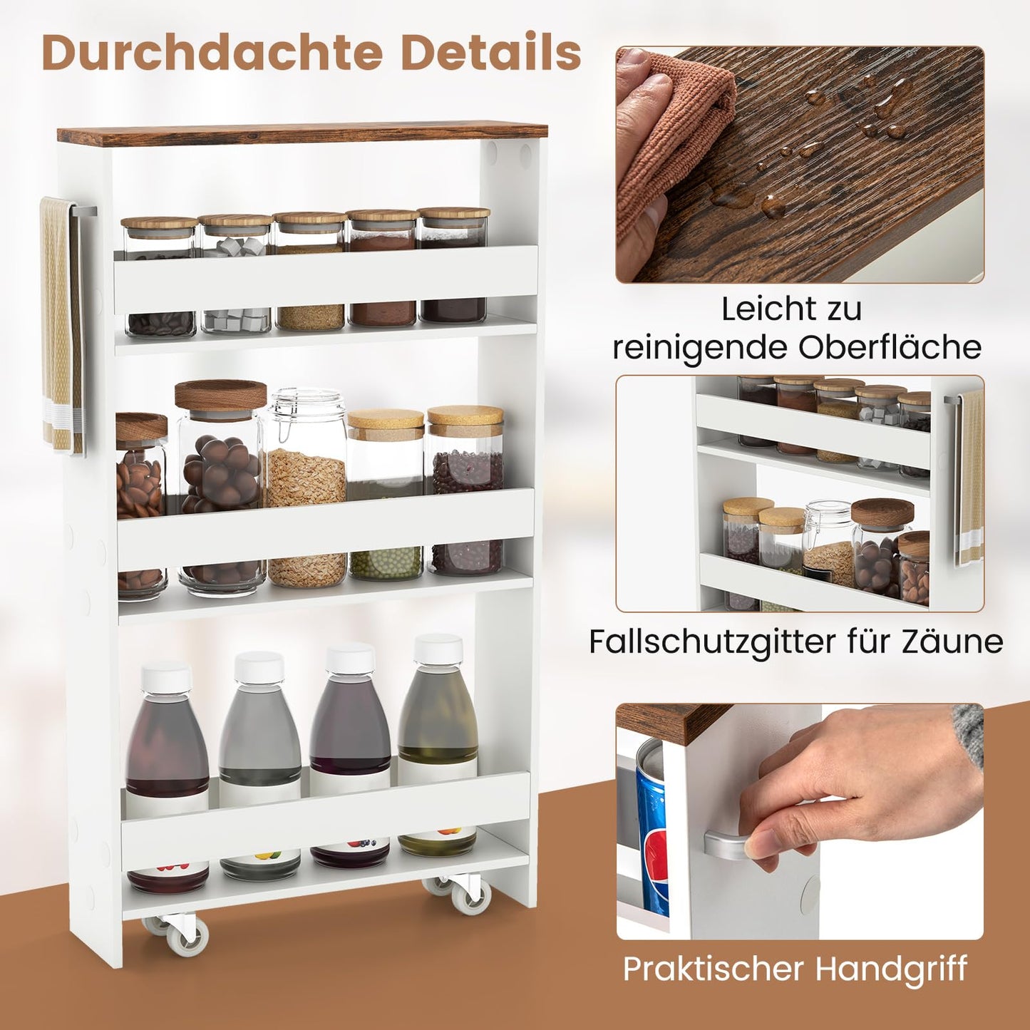 GIANTEX 13cm wide niche shelf, kitchen shelf kitchen cabinet kitchen trolley, niche cabinet niche trolley on wheels, bathroom shelf rolling cart wood 4 tiers, slim shelf for kitchen, 47.5 x 13 x 80.5 cm