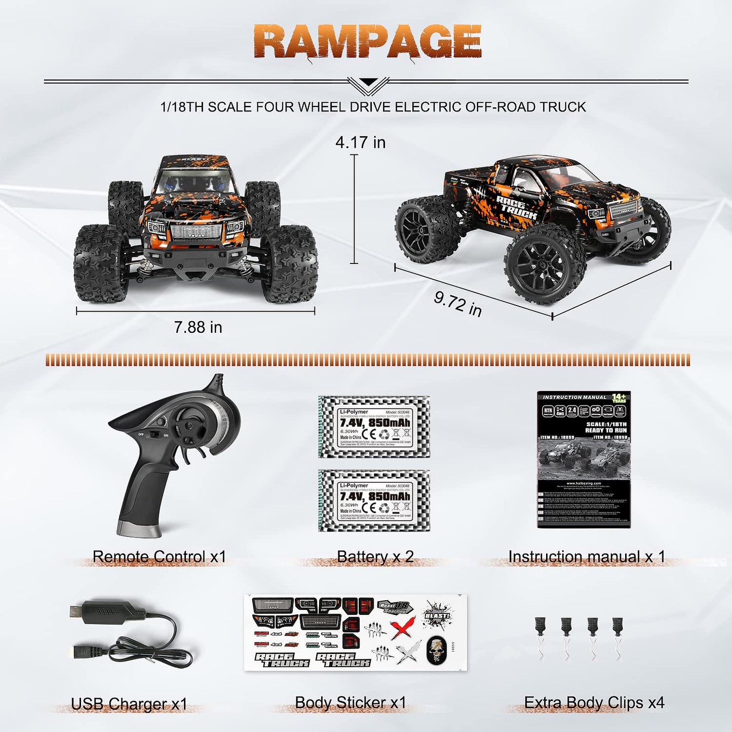 HAIBOXING Remote Control Car 4WD RC Car 36 km/h High Speed 1/18 Monster Truck 2.4GHz All Terrain Waterproof Racing Car Off-Road Vehicle, Crawler Toy Gift for Kids Adults