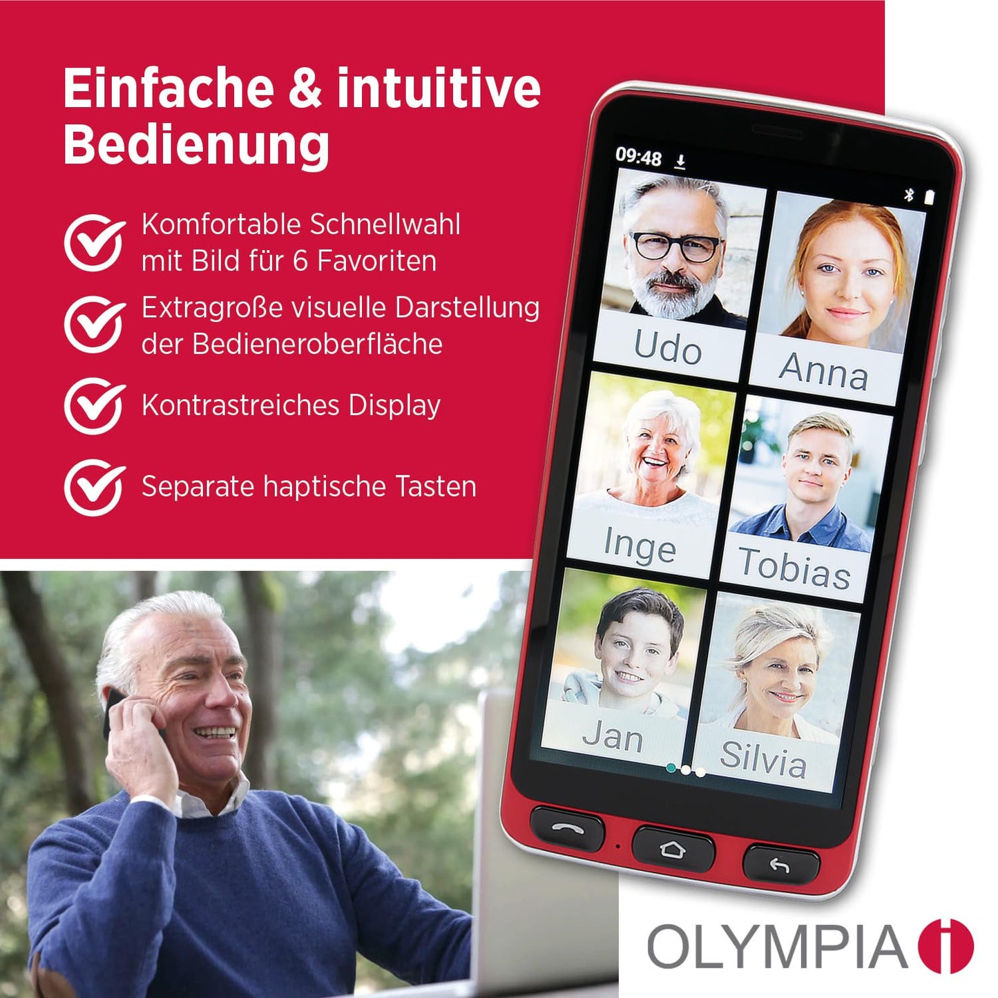 Olympia Neo 16GB senior smartphone | Extra large display | Hearing aid compatible | Emergency button | Senior smartphone 5.5" display | Whatsapp & Mediteo pre-installed | 8MP camera | Red