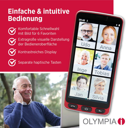Olympia Neo 16GB senior smartphone | Extra large display | Hearing aid compatible | Emergency button | Senior smartphone 5.5" display | Whatsapp & Mediteo pre-installed | 8MP camera | Red