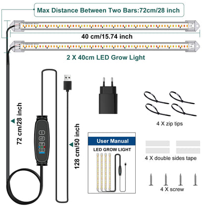 2-Pack 2 Bars Plant Light Strips, Plant Lights for Indoor Plants, Full Spectrum Sunlight Growth Lamp with Auto On/Off 3/9/12H Timer, 10 Adjustable Levels for Succulents