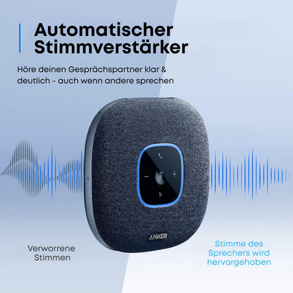 Anchor PowerConf S3 Bluetooth speakerphone features 6 mics, improved voice pickup, 24-hour call time, app control, Bluetooth 5, USB C, and compatibility with popular platforms. Ideal for home offices.