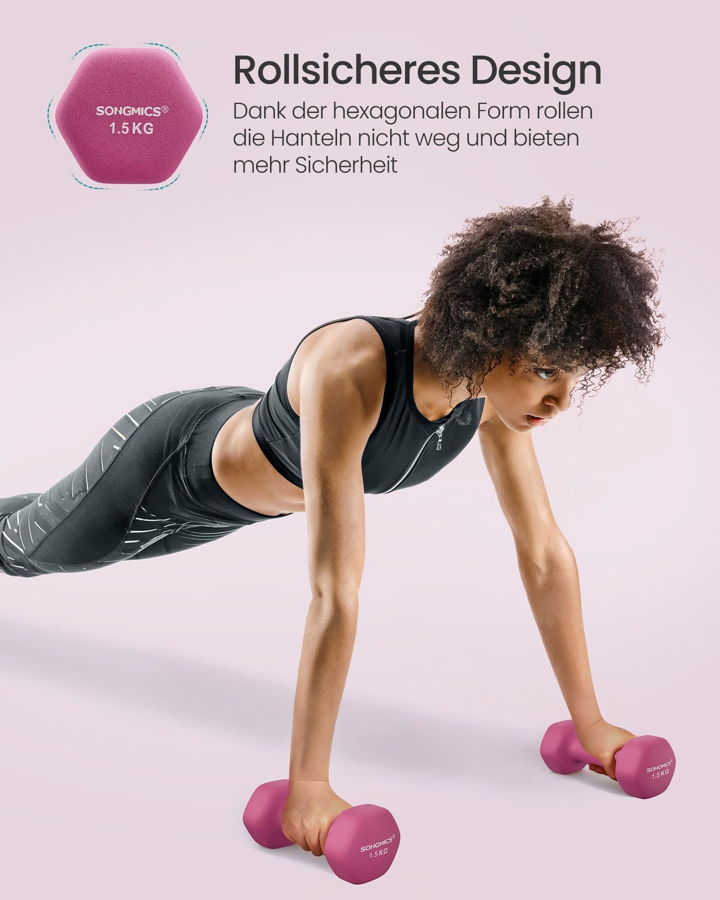 SONGMICS Dumbbell Set, Hexagon, with Dumbbell Stand, 2 x 1 kg, 2 x 1.5 kg, 2 x 2 kg, matte finish, Neoprene coating, strength training, at home, lime green, yellow, pink, and purple SYL609B02