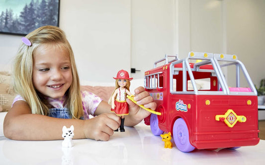 Barbie Chelsea Can Be Series, Chelsea doll with fire truck, firefighter outfit accessories, 12+ pieces including Dalmatian, gift for kids, toy for ages 3+, HCK73.