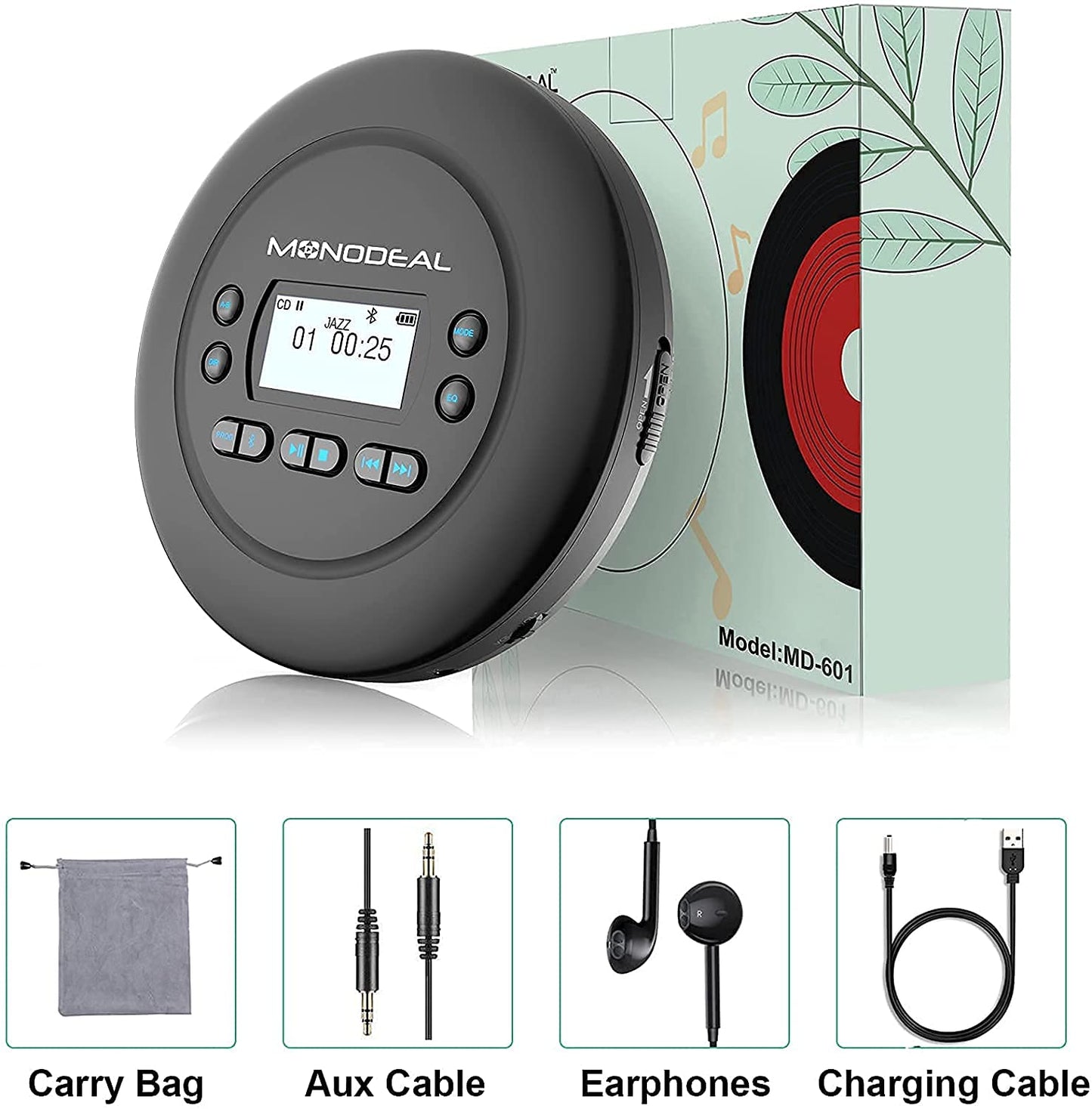 MONODEAL Portable CD Player Bluetooth, Rechargeable Discman for car and kids, Anti-Skip, compact with headphones