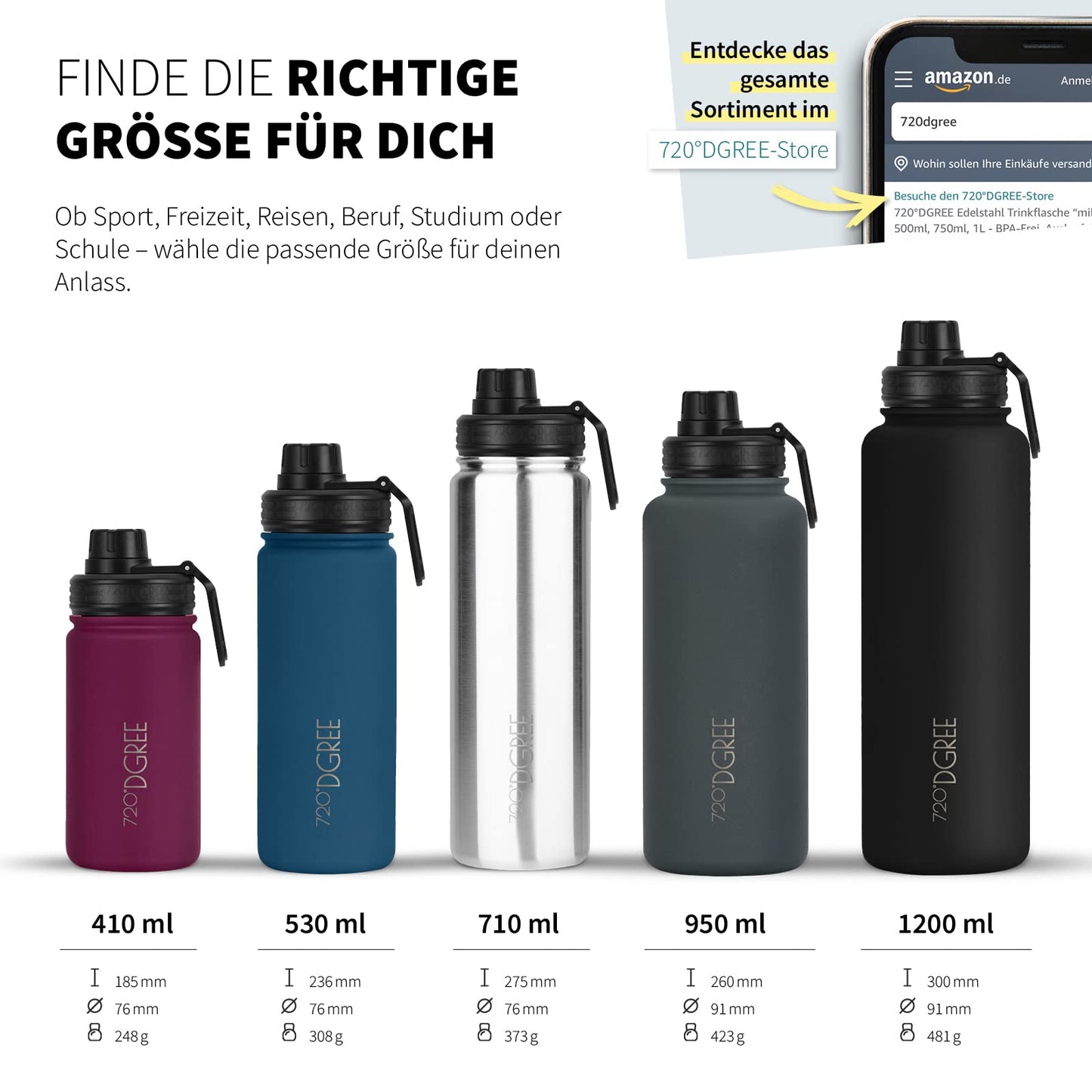 720°DGREE Stainless Steel Water Bottle 950ml "noLimit" - Leakproof, Carbonation Safe, BPA-Free - Thermos Bottle, Insulated Flask with Screw Cap for Sports, Fitness, Outdoor +Free Sport Lid
