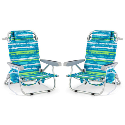 COSTWAY beach chairs foldable light, set of 2, camping chairs with adjustable backrest, headrest, side pockets, shoulder straps, towel holder & armrests, folding chairs, outdoor chairs