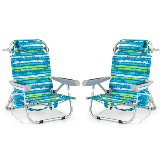 COSTWAY beach chairs foldable light, set of 2, camping chairs with adjustable backrest, headrest, side pockets, shoulder straps, towel holder & armrests, folding chairs, outdoor chairs