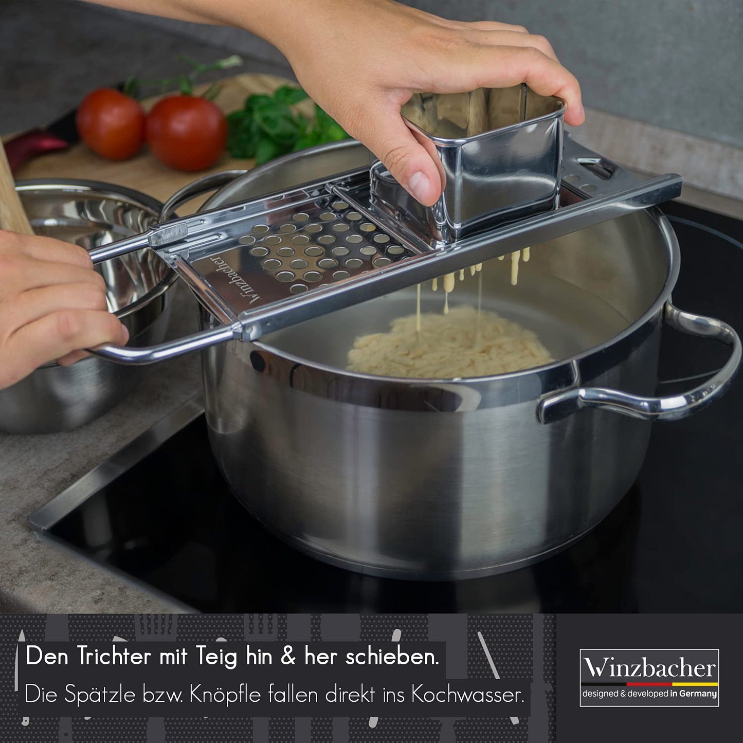 Winzbacher stainless steel spaetzle maker + ladle [pot Ø of 16-30cm] dishwasher safe | rustproof | spaetzle grater, spaetzle sieve, spaetzle press | for spaetzle & dumplings.